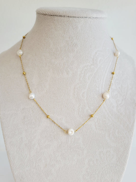 Pearl Station Necklace – Dainty Gold Chain