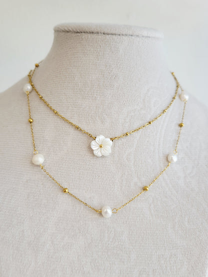 Layered Flower & Pearl Necklace Set – 2 Piece Gold Necklace