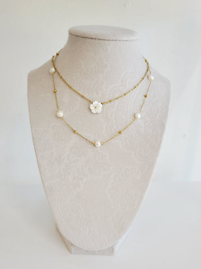 Layered Flower & Pearl Necklace Set – 2 Piece Gold Necklace