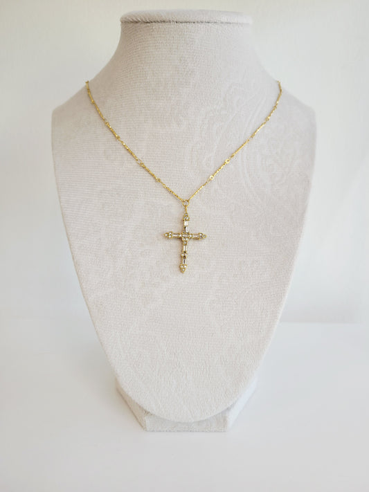 Vintage Crystal Cross Necklace – Gold Statement Pendant
