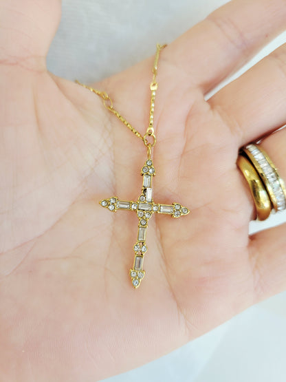 Vintage Crystal Cross Necklace – Gold Statement Pendant