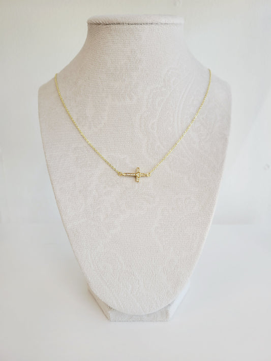 Sideways Cross Heart Necklace – Gold Crystal Necklace