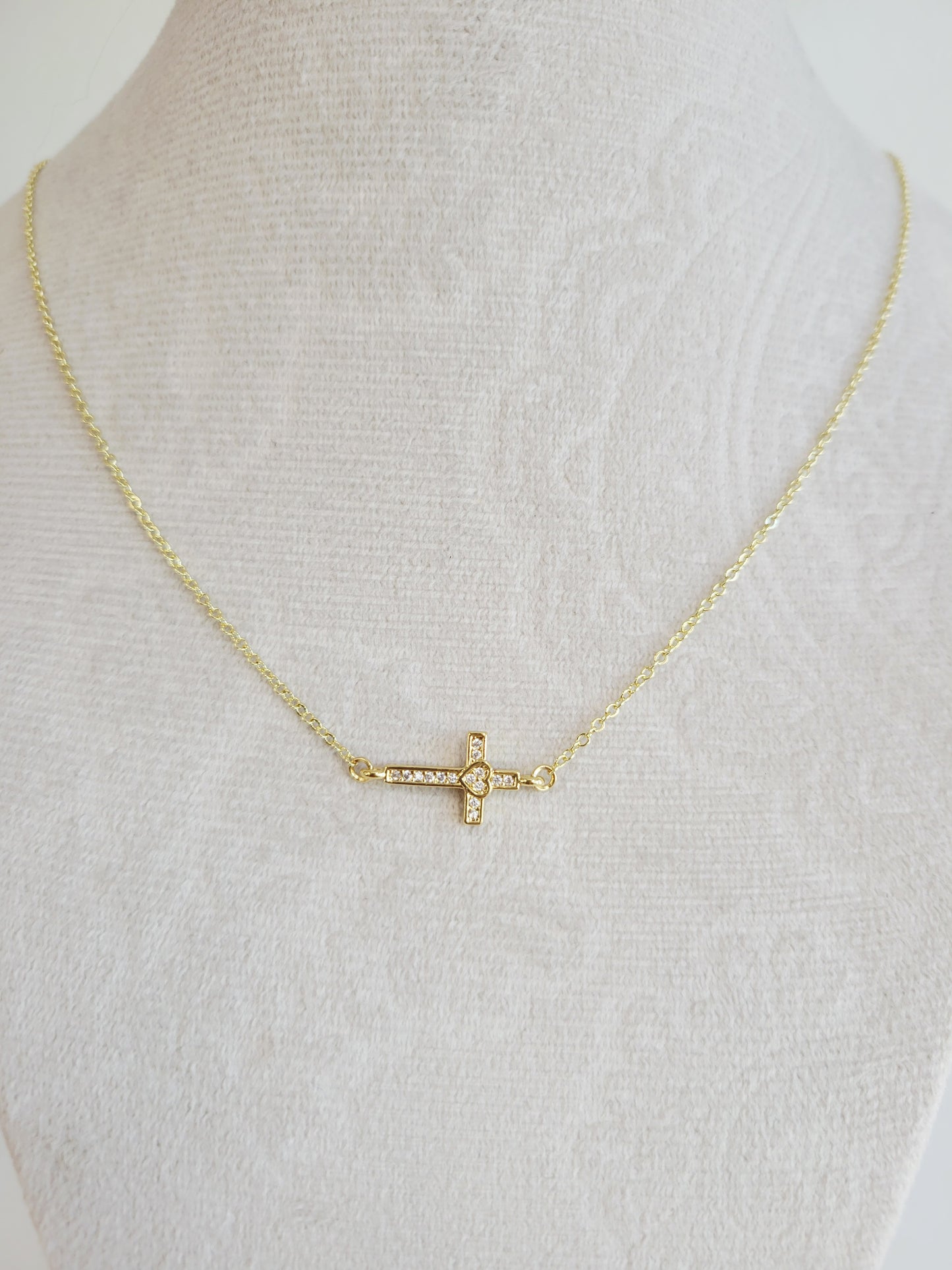 Sideways Cross Heart Necklace – Gold Crystal Necklace