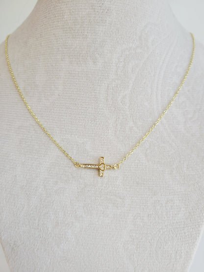 Sideways Cross Heart Necklace – Gold Crystal Necklace