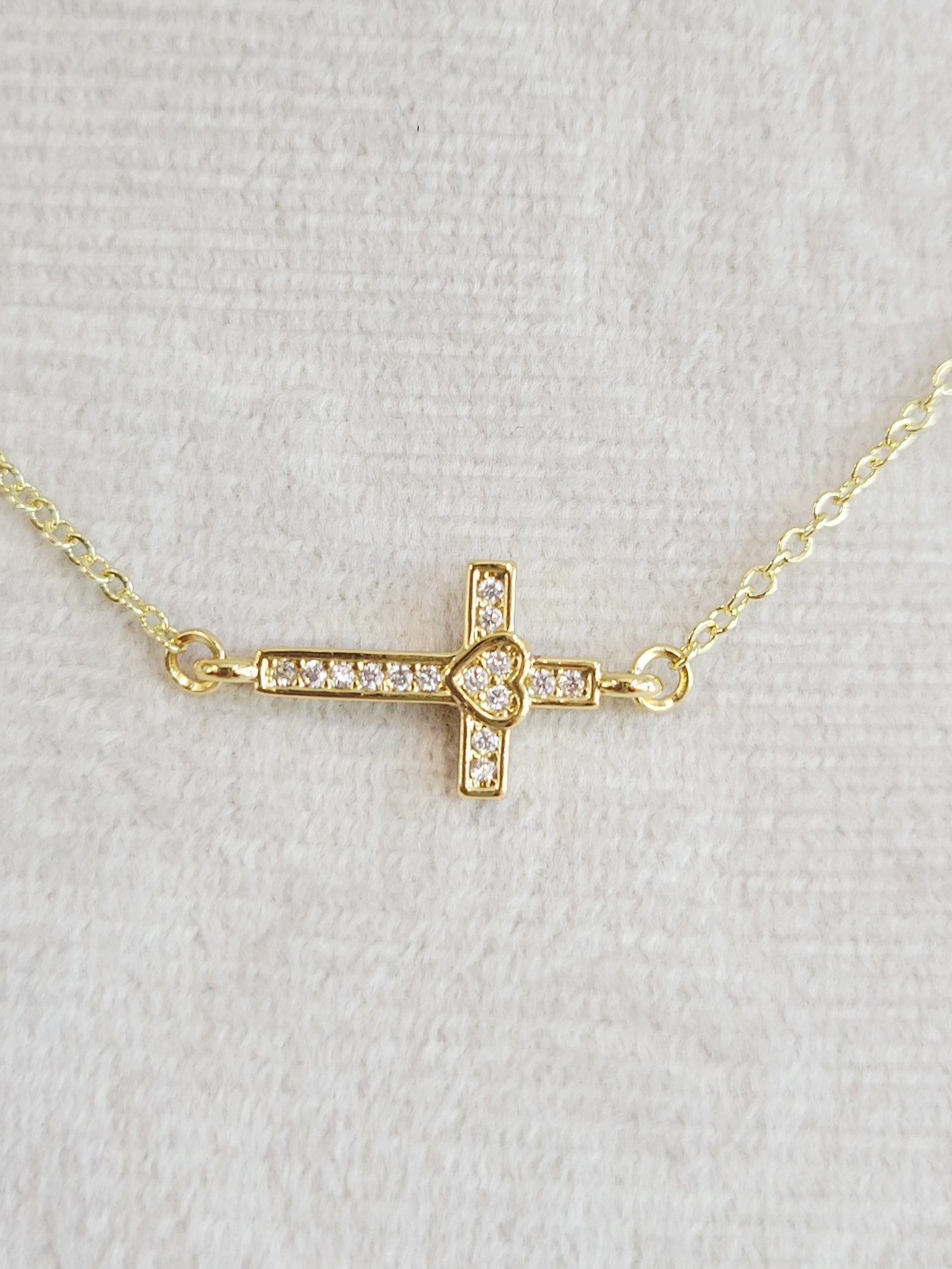 Sideways Cross Heart Necklace – Gold Crystal Necklace