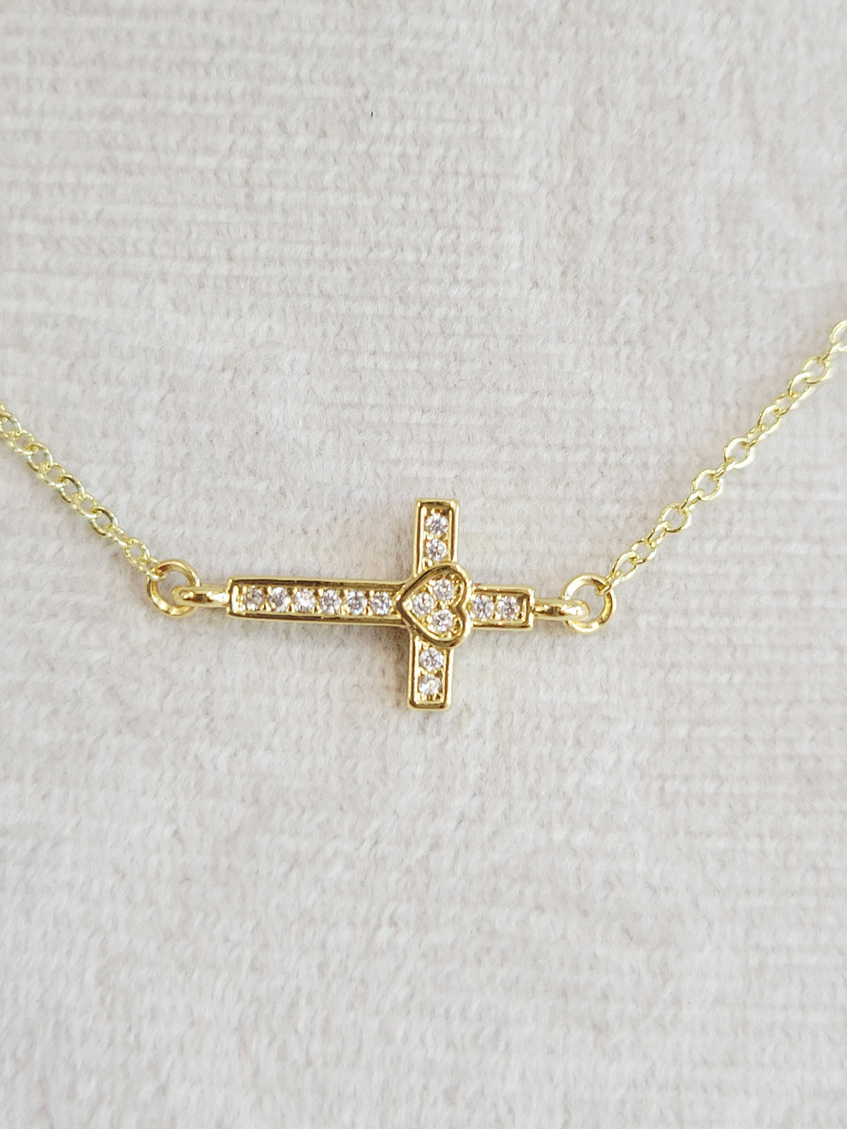 Sideways Cross Heart Necklace – Gold Crystal Necklace