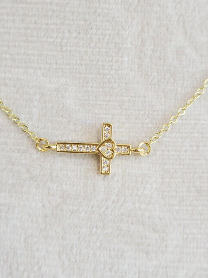 Sideways Cross Heart Necklace – Gold Crystal Necklace