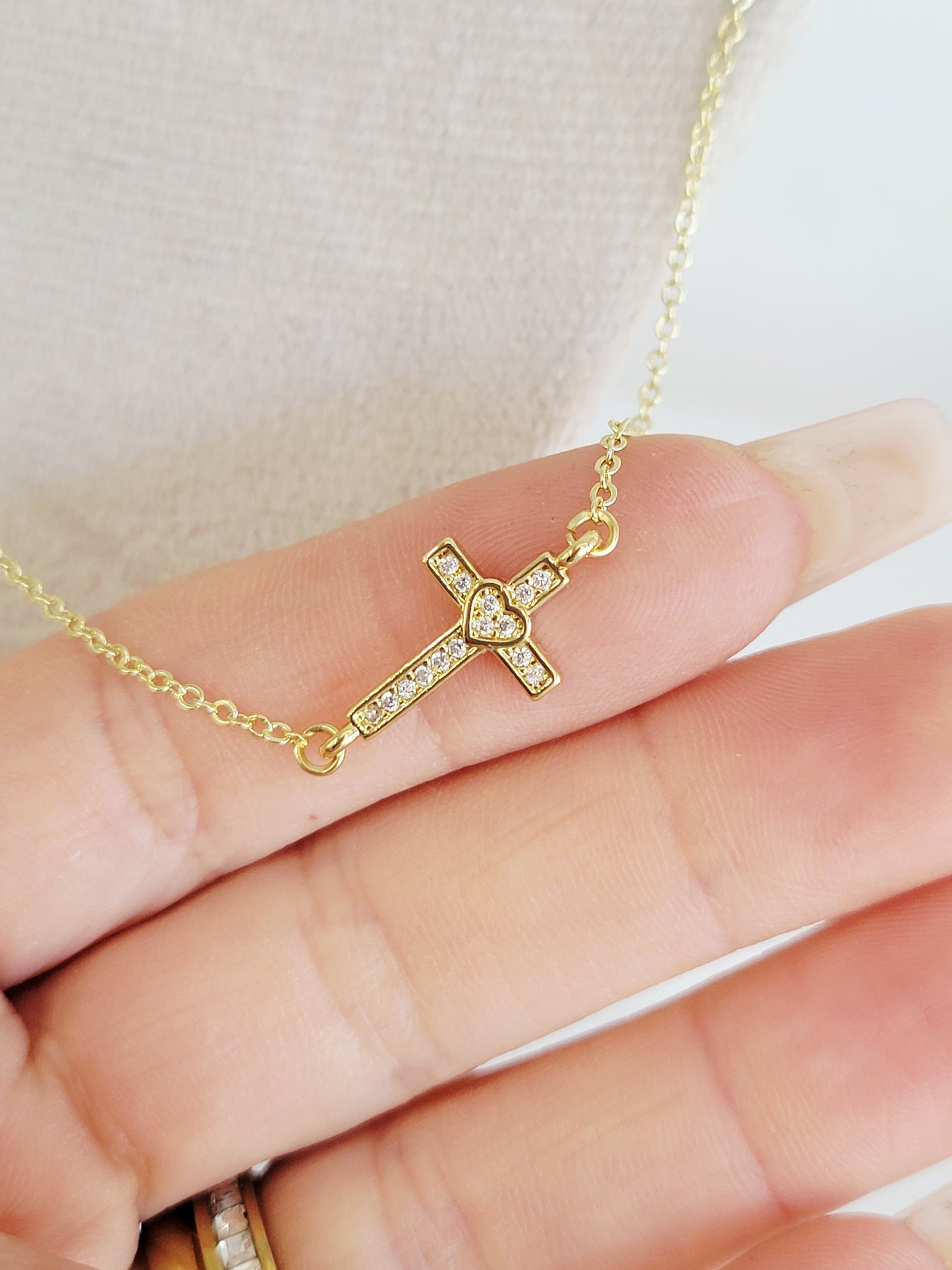 Sideways Cross Heart Necklace – Gold Crystal Necklace