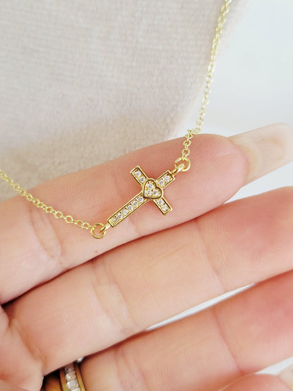 Sideways Cross Heart Necklace – Gold Crystal Necklace