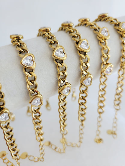 Amour Crystal Heart Cuban Chain Bracelet