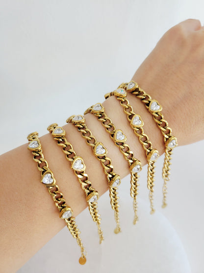 Amour Crystal Heart Cuban Chain Bracelet