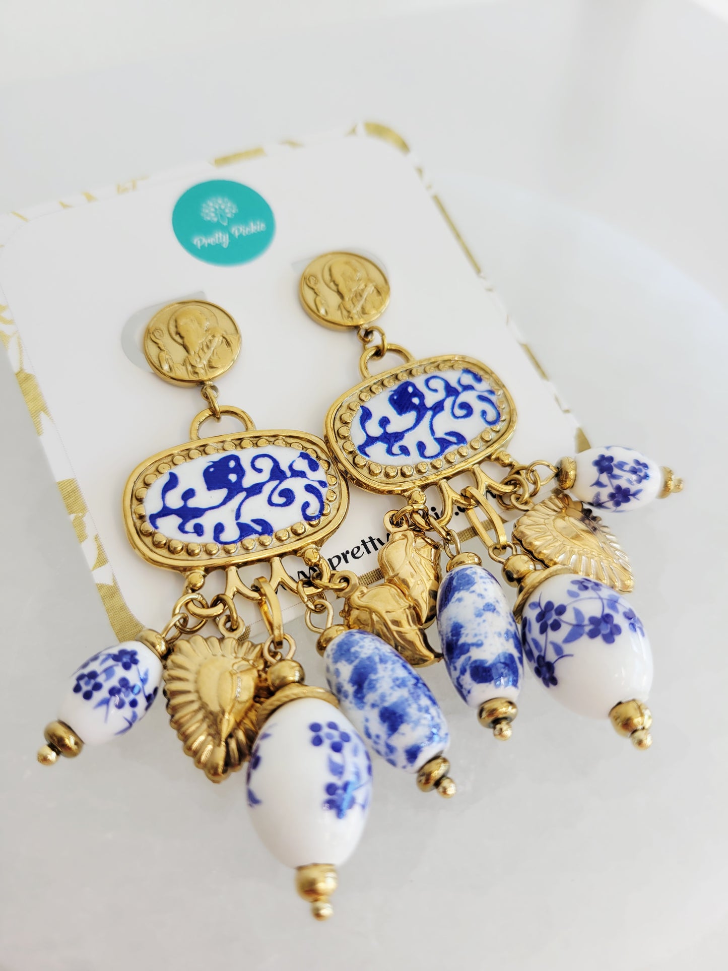 Imperial Blue Chinoiserie Ceramic Drop Earrings