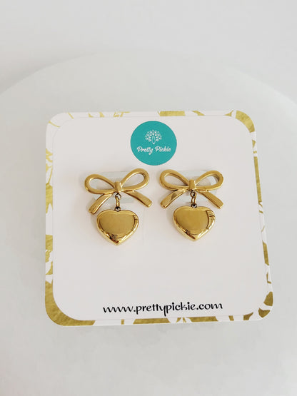 Coquette Bow Heart Drop Earrings