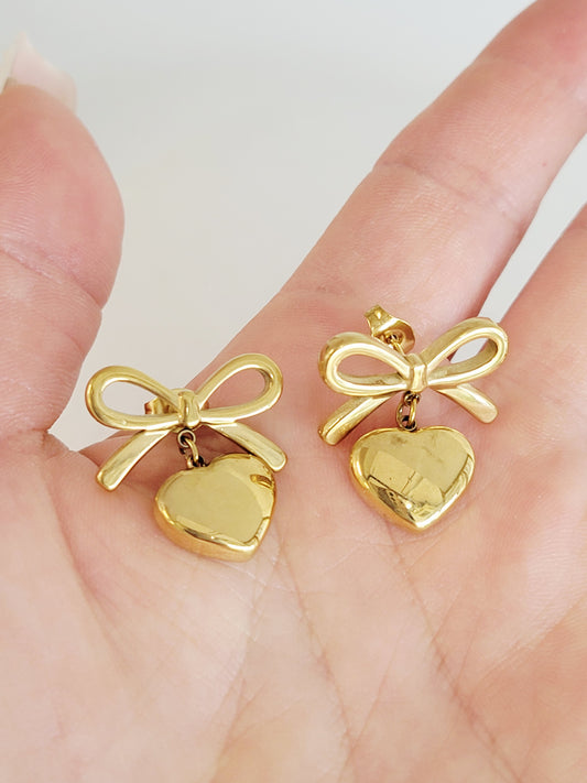 Coquette Bow Heart Drop Earrings