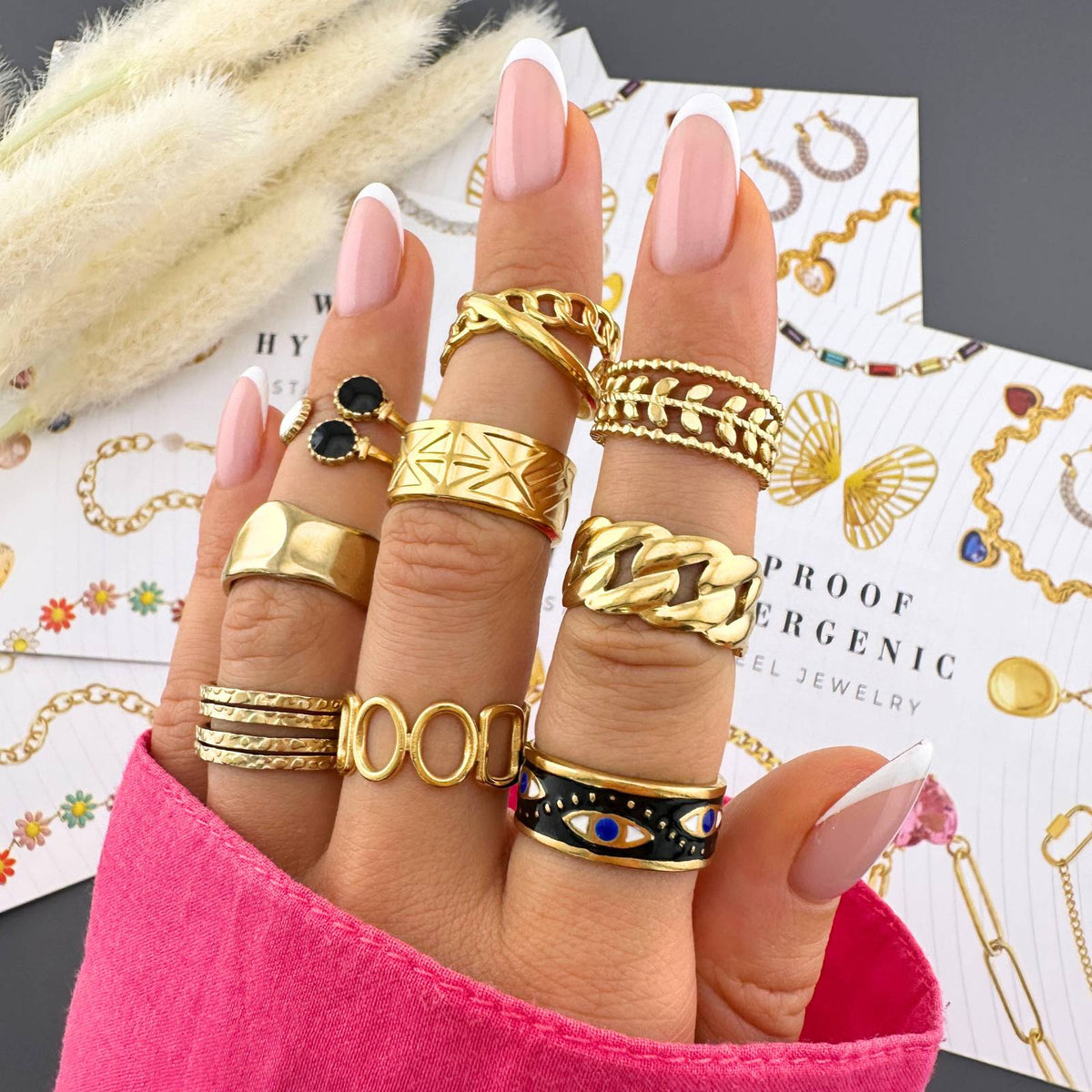 Black & White Trio Dot Ring | 18K Gold Adjustable Cuff