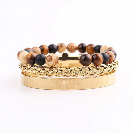 Men's Luxury 3-Piece Tiger Eye & Cross Bracelet Set