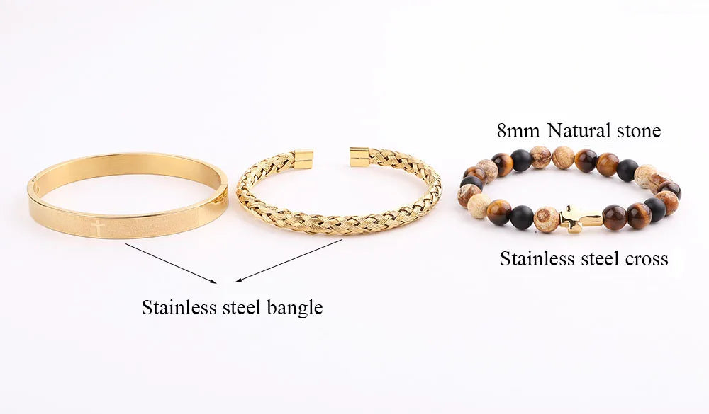 Men's Luxury 3-Piece Tiger Eye & Cross Bracelet Set