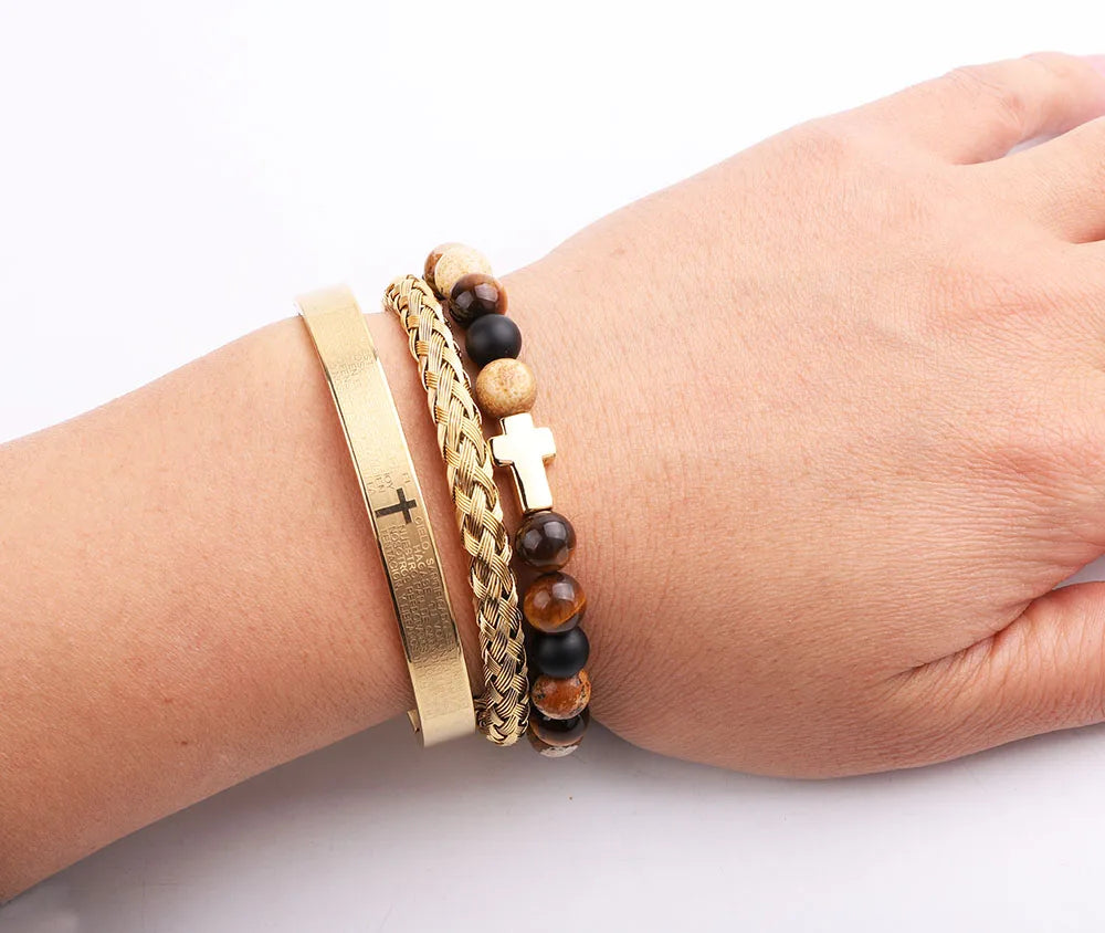 Men's Luxury 3-Piece Tiger Eye & Cross Bracelet Set