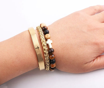 Men's Luxury 3-Piece Tiger Eye & Cross Bracelet Set