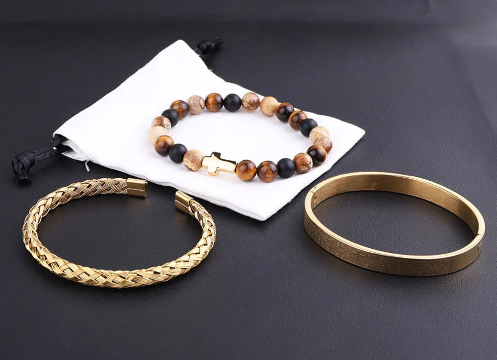 Men's Luxury 3-Piece Tiger Eye & Cross Bracelet Set