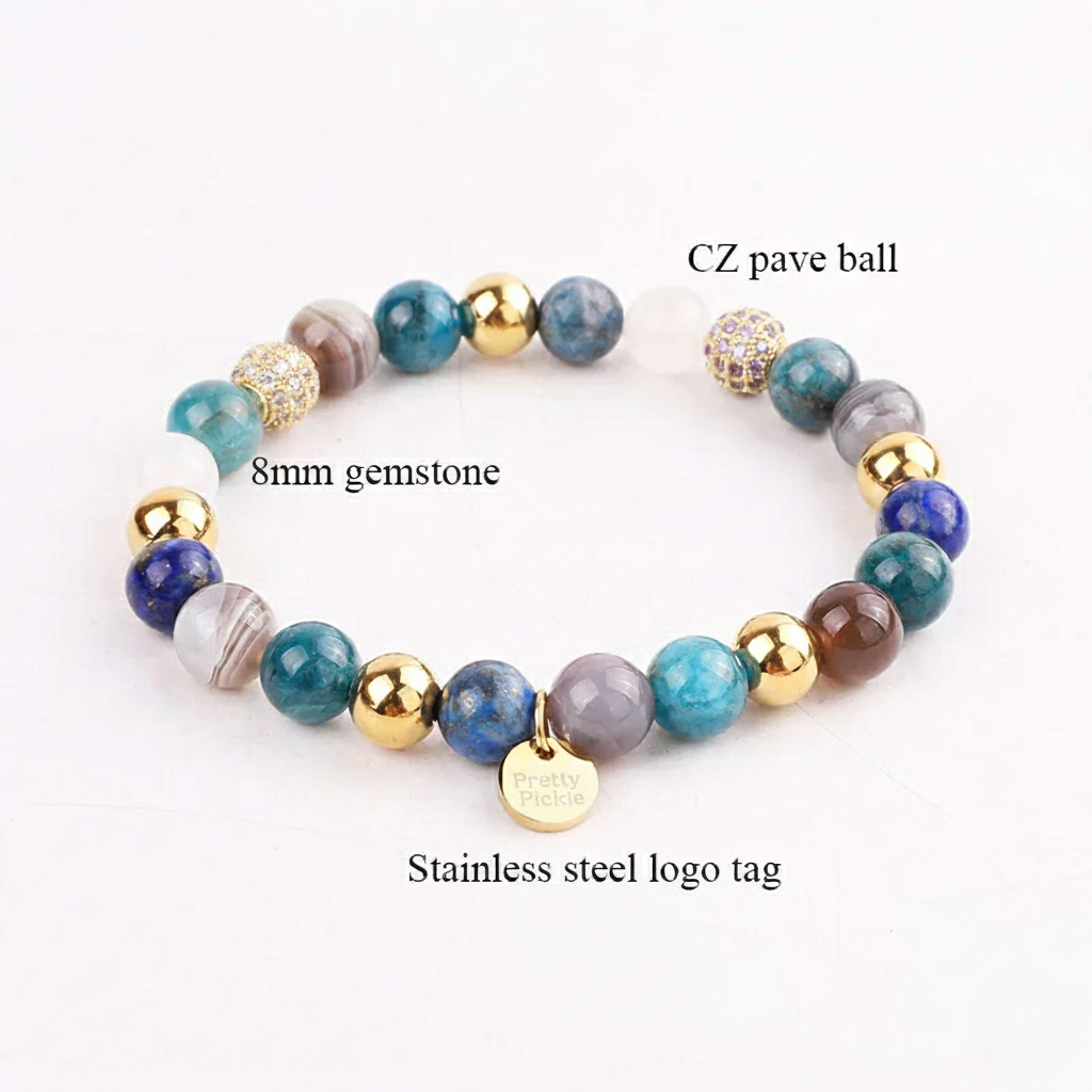 Colección Serenity: Pulseras elásticas con cuentas de ónix de 8 mm y circonitas cúbicas pavé