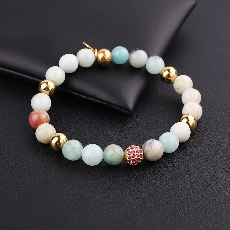 Colección Serenity: Pulseras elásticas con cuentas de ónix de 8 mm y circonitas cúbicas pavé