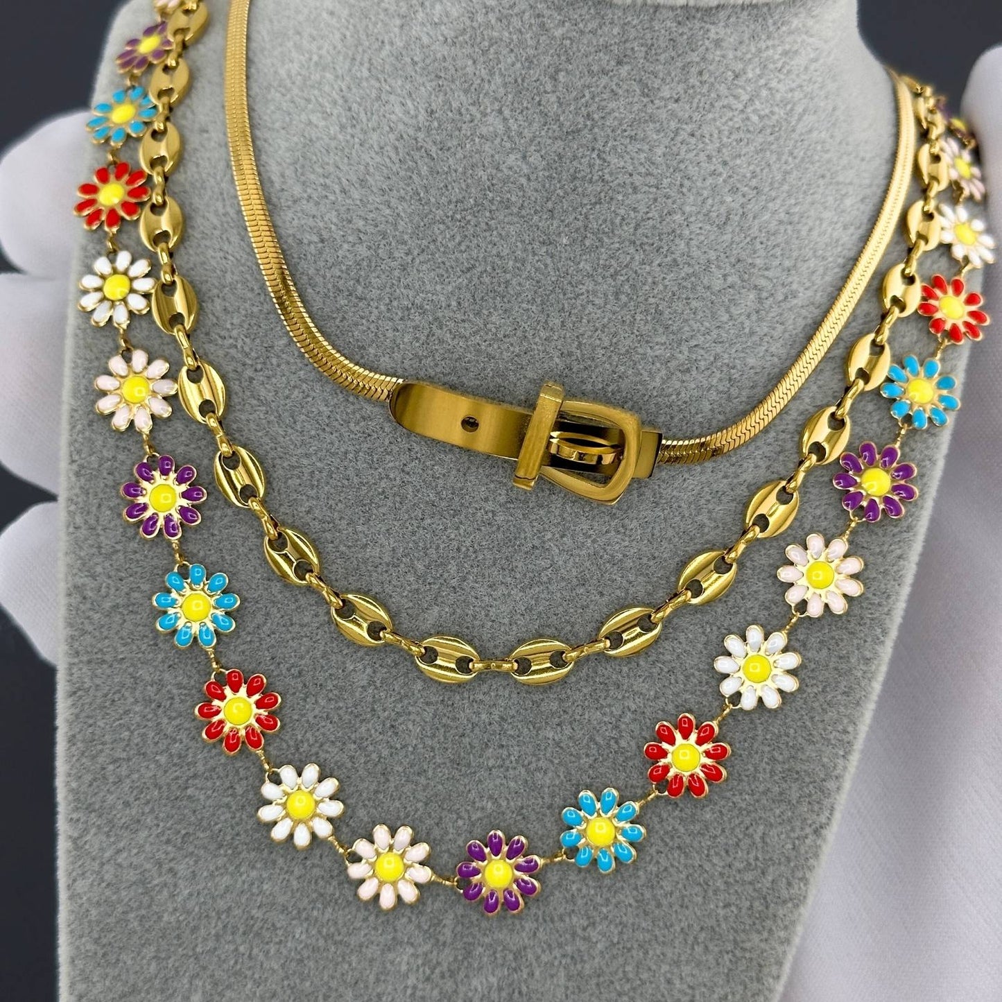 Garden Flowers Charm Necklace in 18K Gold Plated Steel