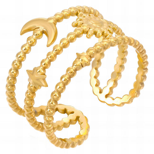 Anillo con dije de espiral celestial: Luna y estrella, oro de 18 quilates