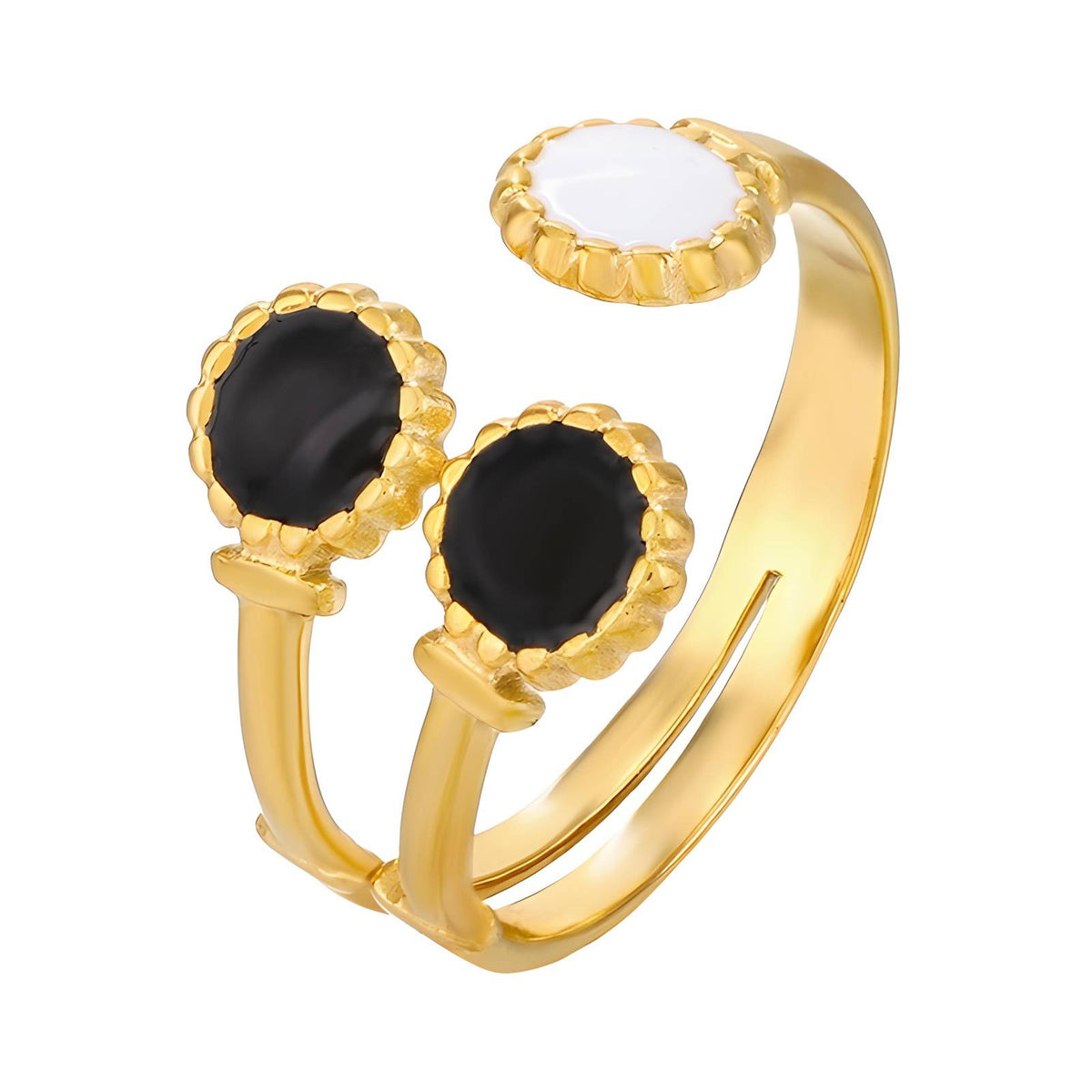 Black & White Trio Dot Ring | 18K Gold Adjustable Cuff