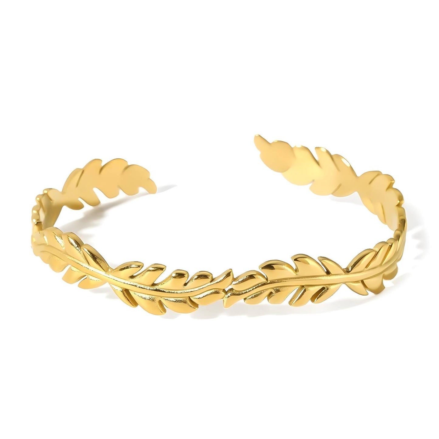 Pulsera de hojas de acero inoxidable bañada en oro de 18 quilates.