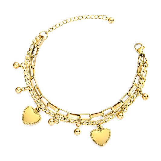 Pulsera de corazones de acero inoxidable bañada en oro de 18 quilates.