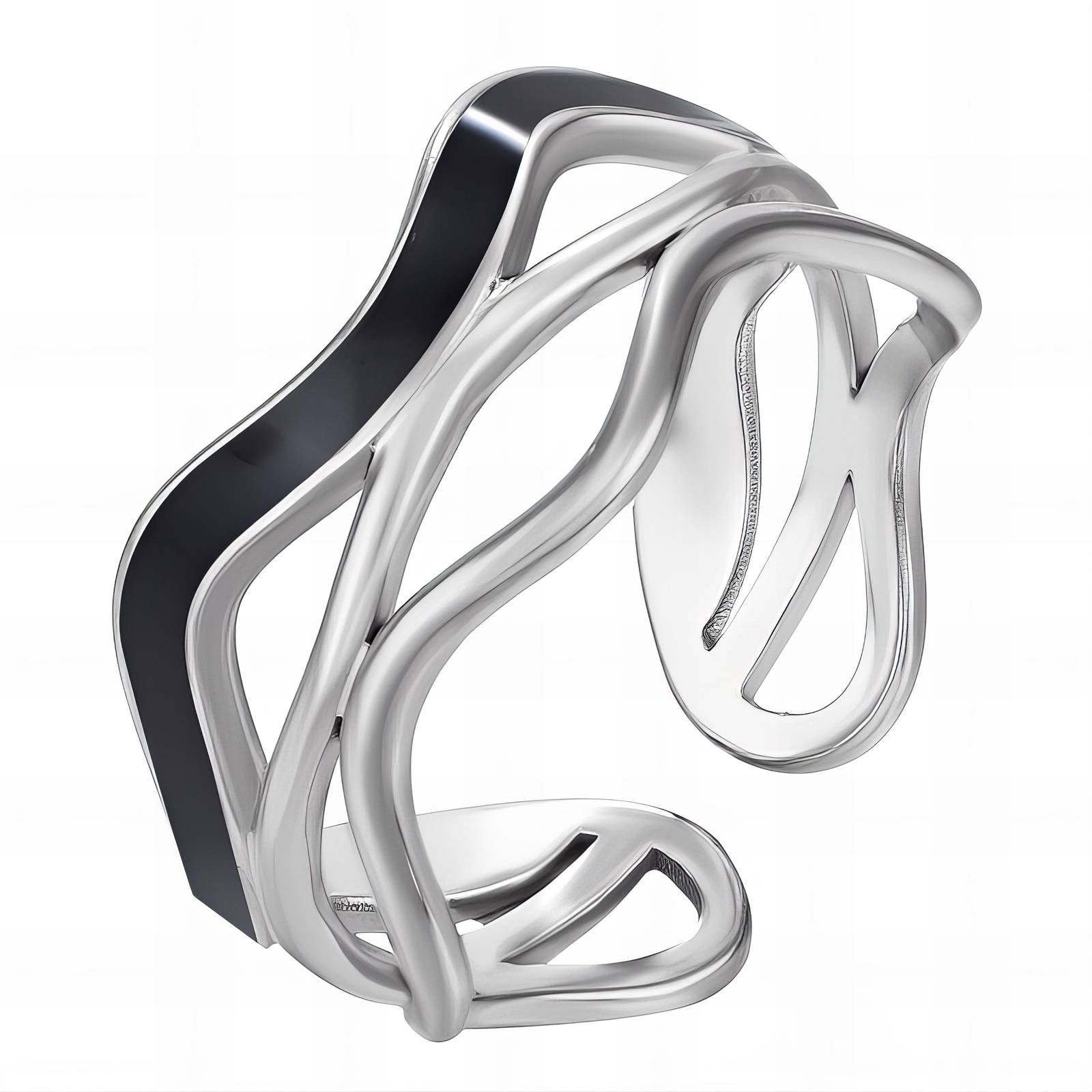 Black Enamel Accent Cuff Ring – Stainless Steel, Adjustable & Tarnish-Resistant