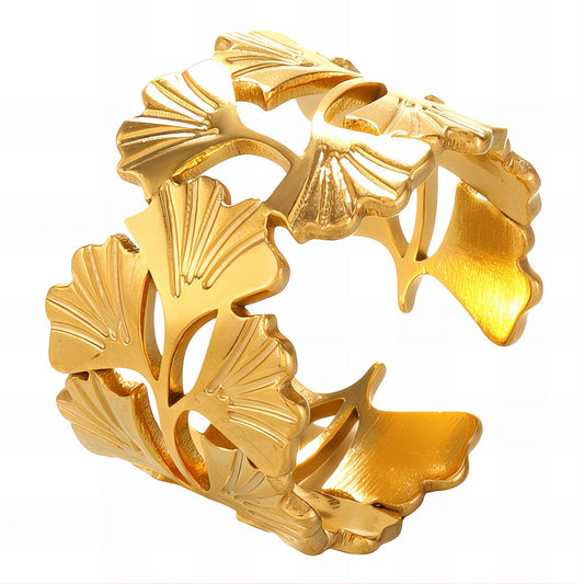 Elegant Ginkgo Leaf Ring in 18K Gold Plated Steel