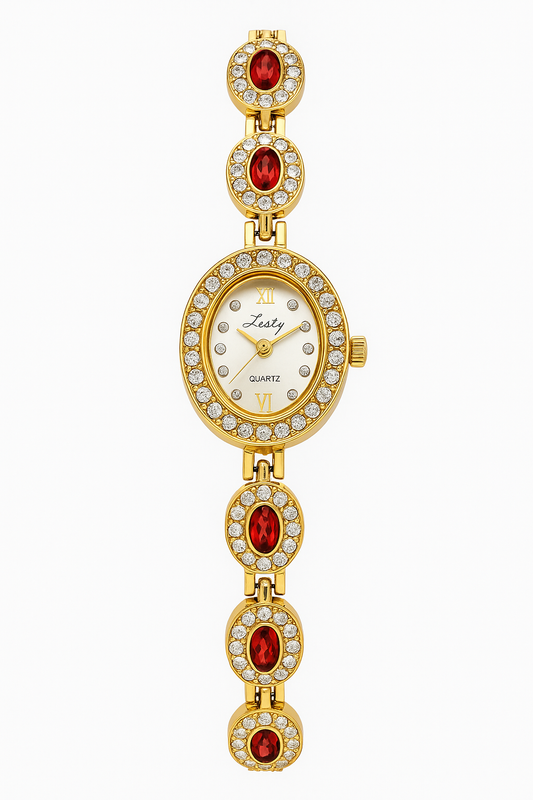 Golden Garnet Halo Bracelet-Style Watch