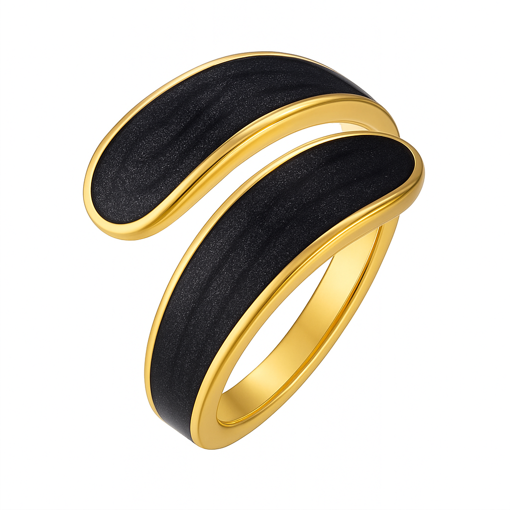 Black Enamel Wrap Ring | 18K Gold Adjustable Cuff