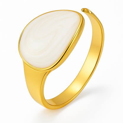 White Marble Teardrop Signet Ring | 18K Gold Adjustable