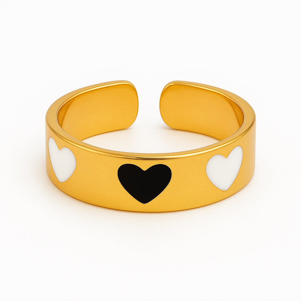 Black & White Heart Wide Band Ring | 18K Gold Adjustable