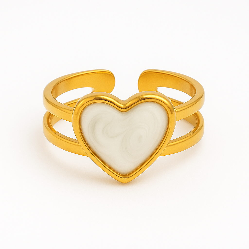 Marble Heart Double Band Ring | 18K Gold Adjustable