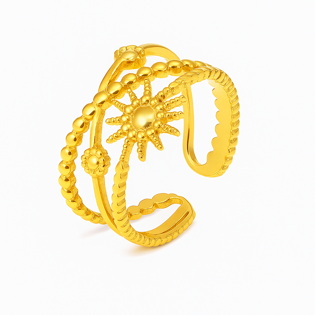Sunburst & Daisy Triple Band Ring | 18K Gold Adjustable