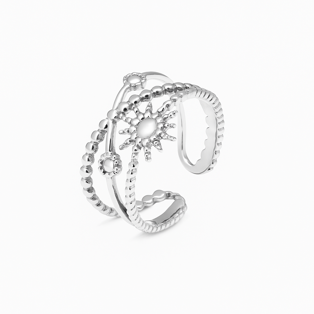 Sunburst & Daisy Triple Band Ring | 18K Gold Adjustable