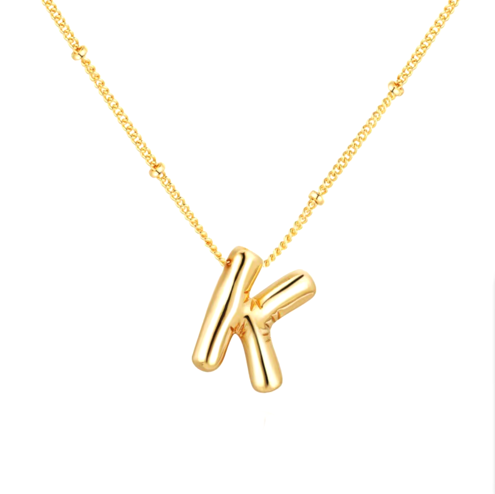 3D Bubble Initial Necklace - Polished Stainless Steel | Gold Puffed Letter Pendant