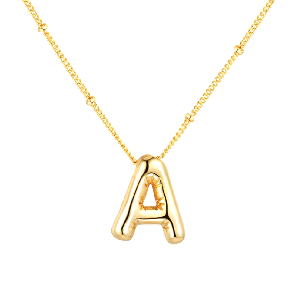 3D Bubble Initial Necklace - Polished Stainless Steel | Gold Puffed Letter Pendant