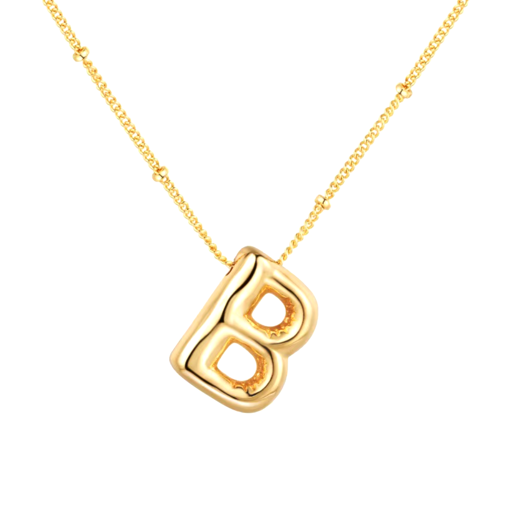 3D Bubble Initial Necklace - Polished Stainless Steel | Gold Puffed Letter Pendant