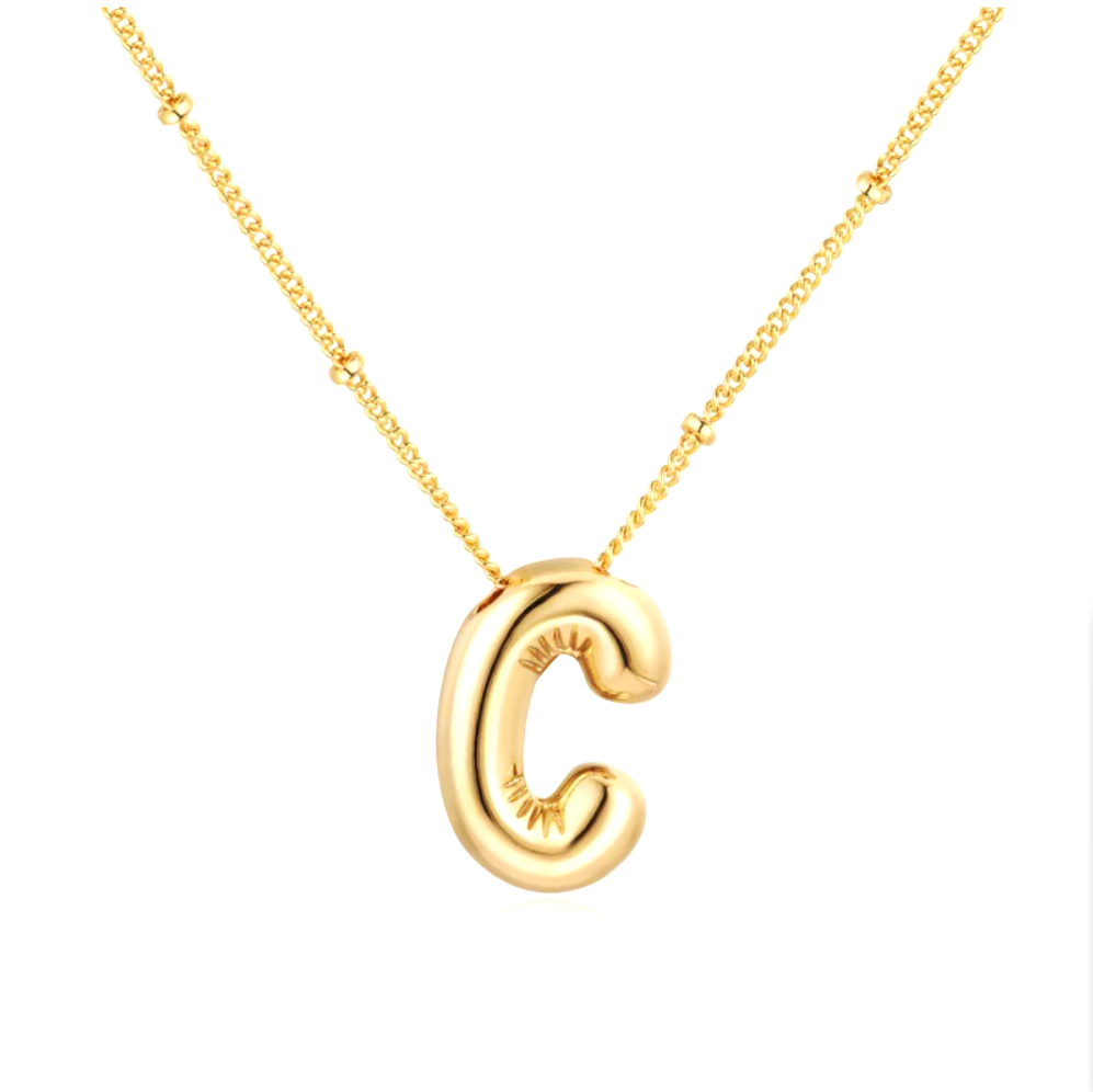 3D Bubble Initial Necklace - Polished Stainless Steel | Gold Puffed Letter Pendant