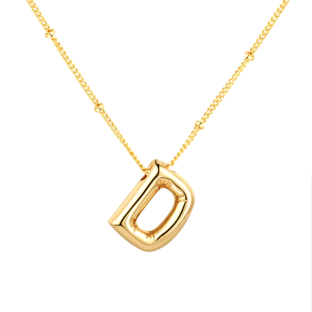 3D Bubble Initial Necklace - Polished Stainless Steel | Gold Puffed Letter Pendant