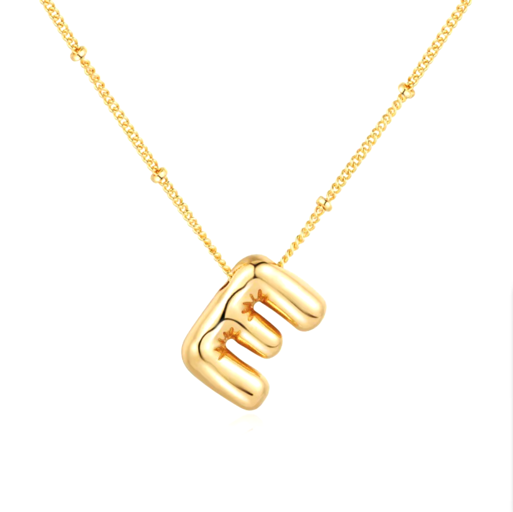 3D Bubble Initial Necklace - Polished Stainless Steel | Gold Puffed Letter Pendant