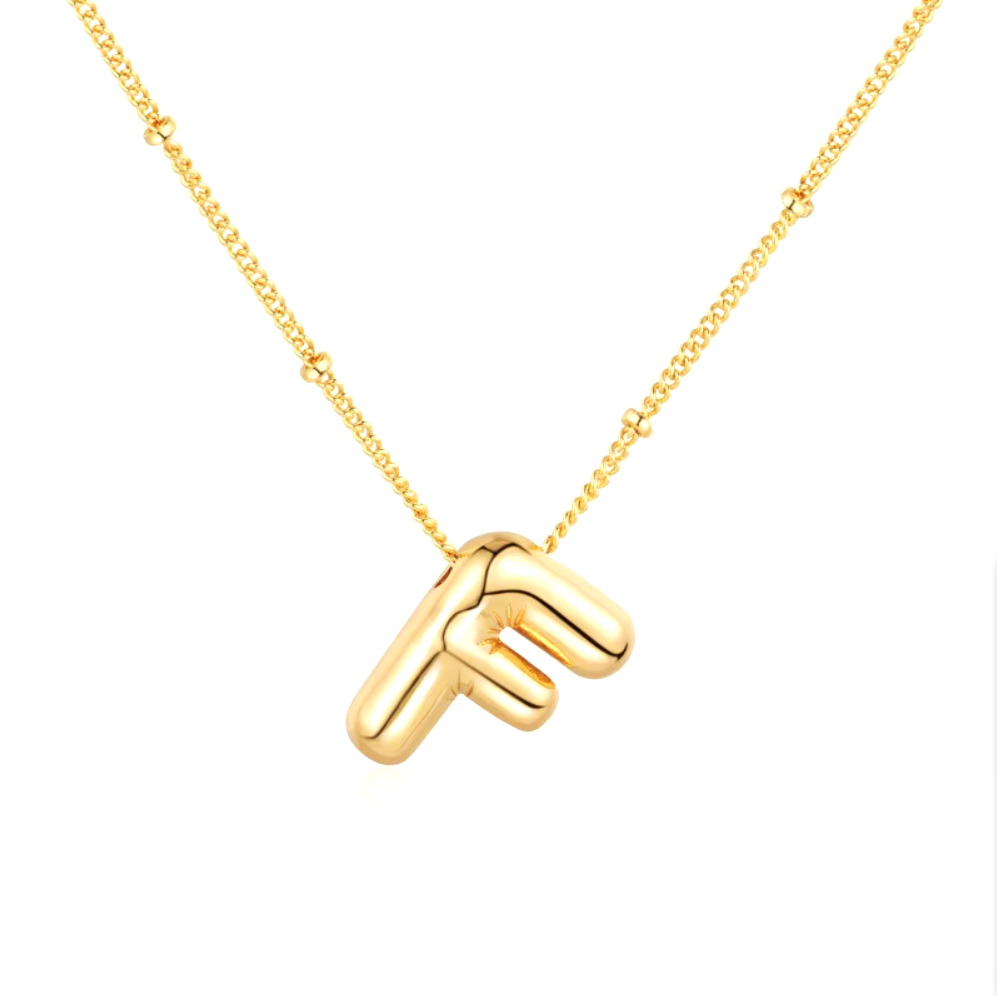 3D Bubble Initial Necklace - Polished Stainless Steel | Gold Puffed Letter Pendant