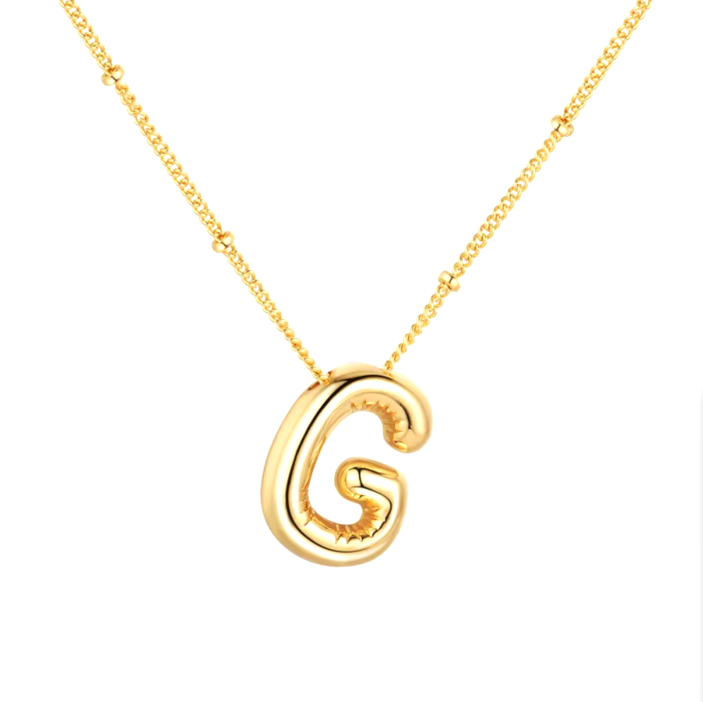 3D Bubble Initial Necklace - Polished Stainless Steel | Gold Puffed Letter Pendant