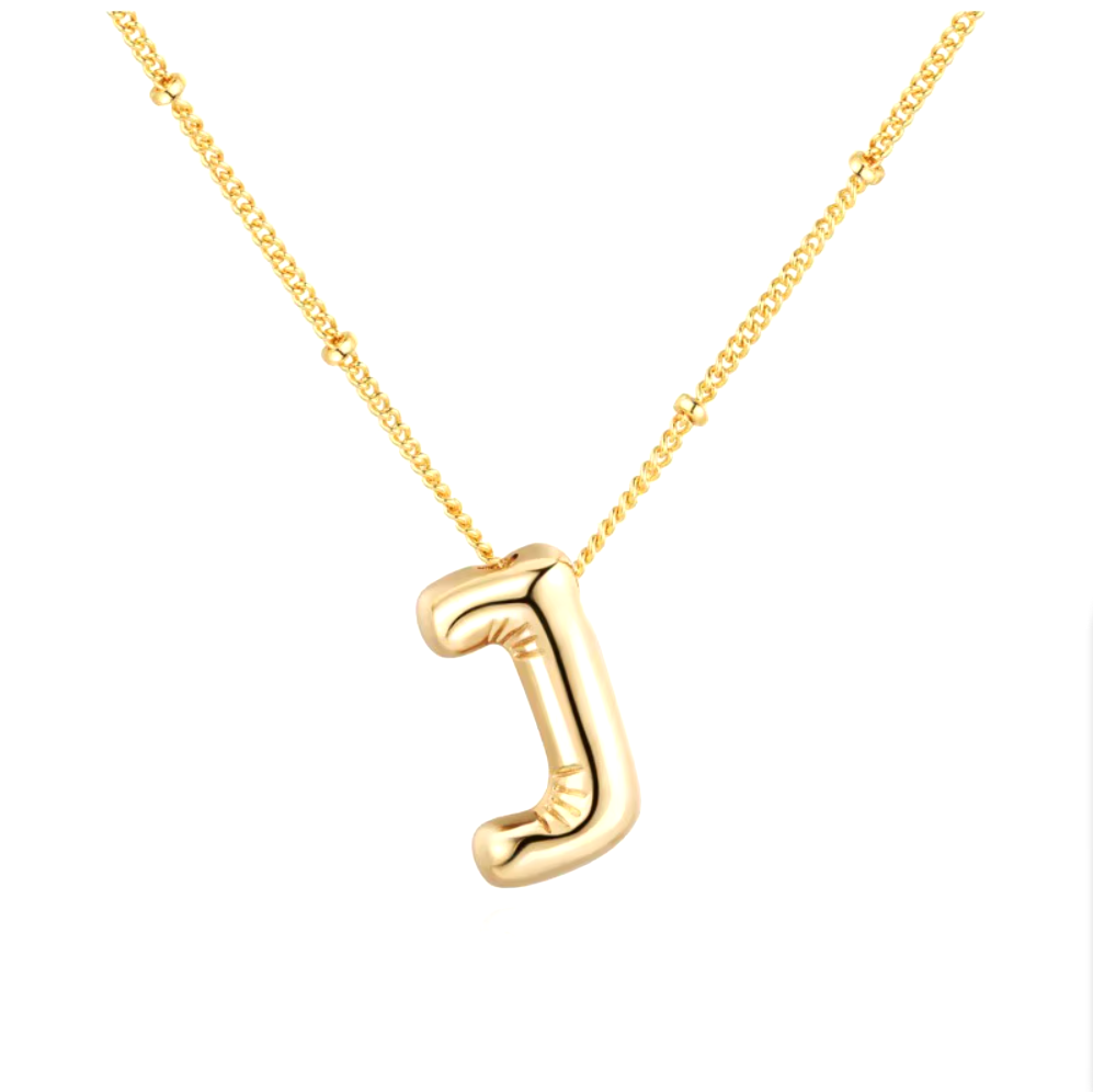 3D Bubble Initial Necklace - Polished Stainless Steel | Gold Puffed Letter Pendant