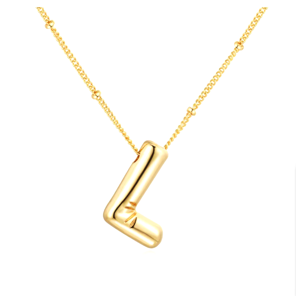 3D Bubble Initial Necklace - Polished Stainless Steel | Gold Puffed Letter Pendant